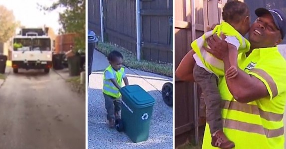 2-åringen hör sopbilen komma och springer ut för att träffa sin hjälte!